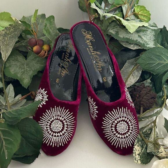 Hanh An Mule Slippers Womens Size 3 Burgundy Glittered Velvet Wedge Heel Slip-on - Picture 3 of 9